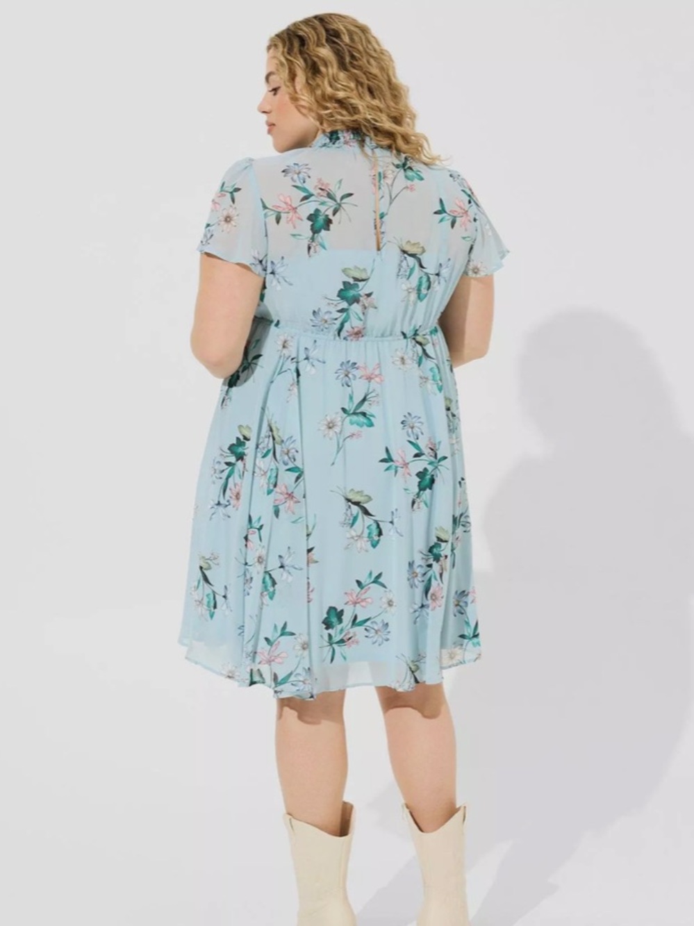 Torrid Chiffon Smocked Turtle Neck Dress light blue floral print Size 1 (14/16) - Picture 2 of 8